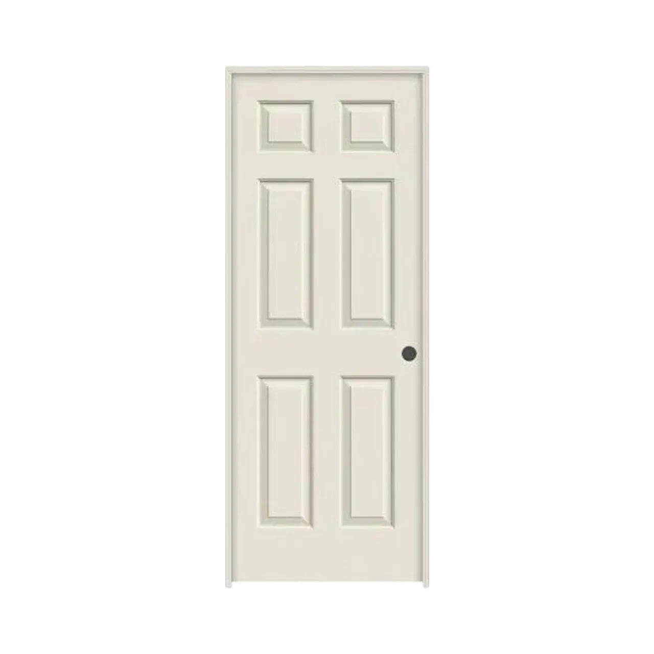 A 30 in. x 78 in. left-hand Go Build Colonist primed textured MDF prehung door with split jamb and hollow-core, featuring a simple six-panel design, is shown against a plain white background.